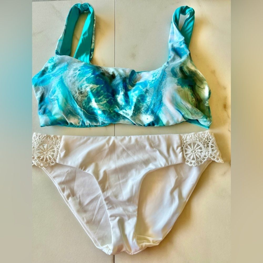 New BECCA tie dye wave blue turquoise white lace bikini set